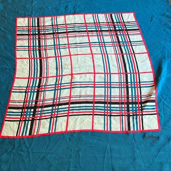 Franco Ferrari Grid Plaid Window Pane Scarf Silk Vintage Turquoise Blue Square - Picture 2 of 11